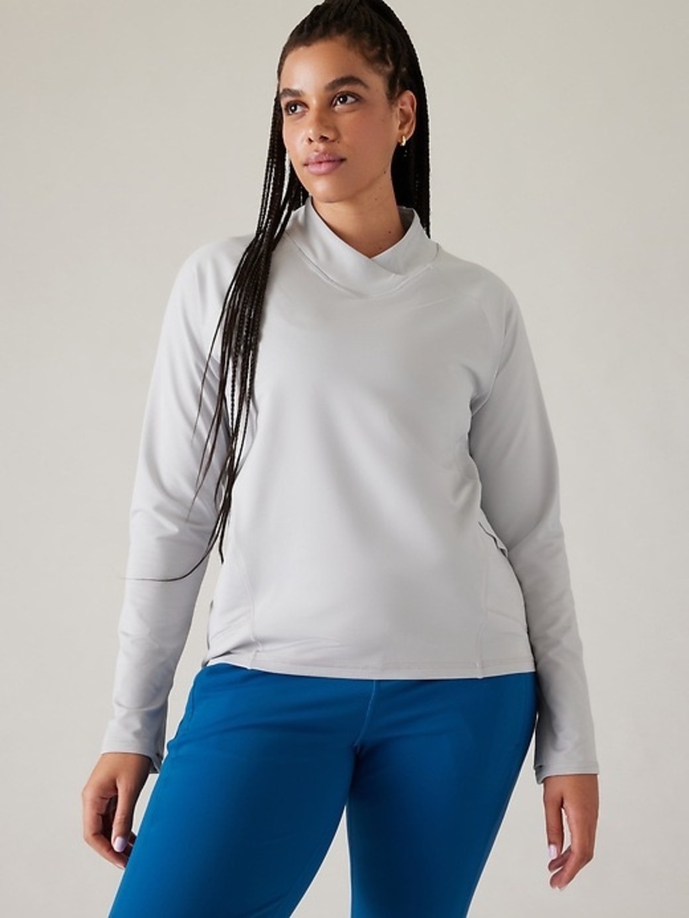 Athleta Whistler Cross Neck Top Sz L Stratus Grey Cowl Mock Pullover